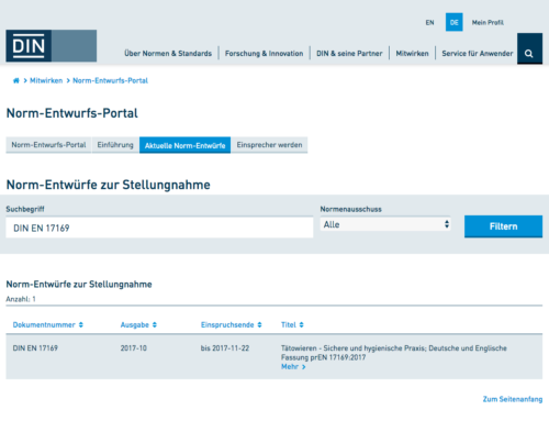 Information über Entwicklung der DIN Norm 17169